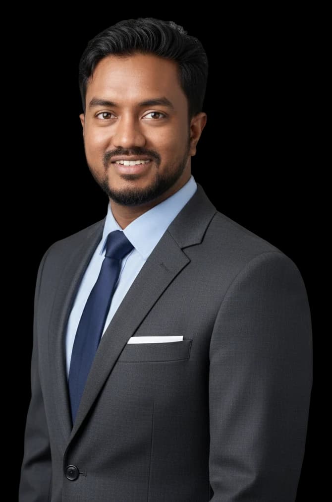 Portrait of Razu Rahman in a charcoal suit and blue tie